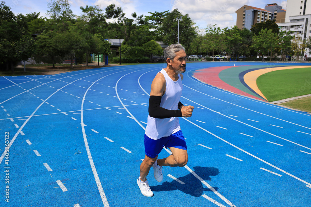 Fototapeta premium Senior Asian athlete is practicing running in the professional blue track for professional exercise, sport training workout and healthy for longevity concept