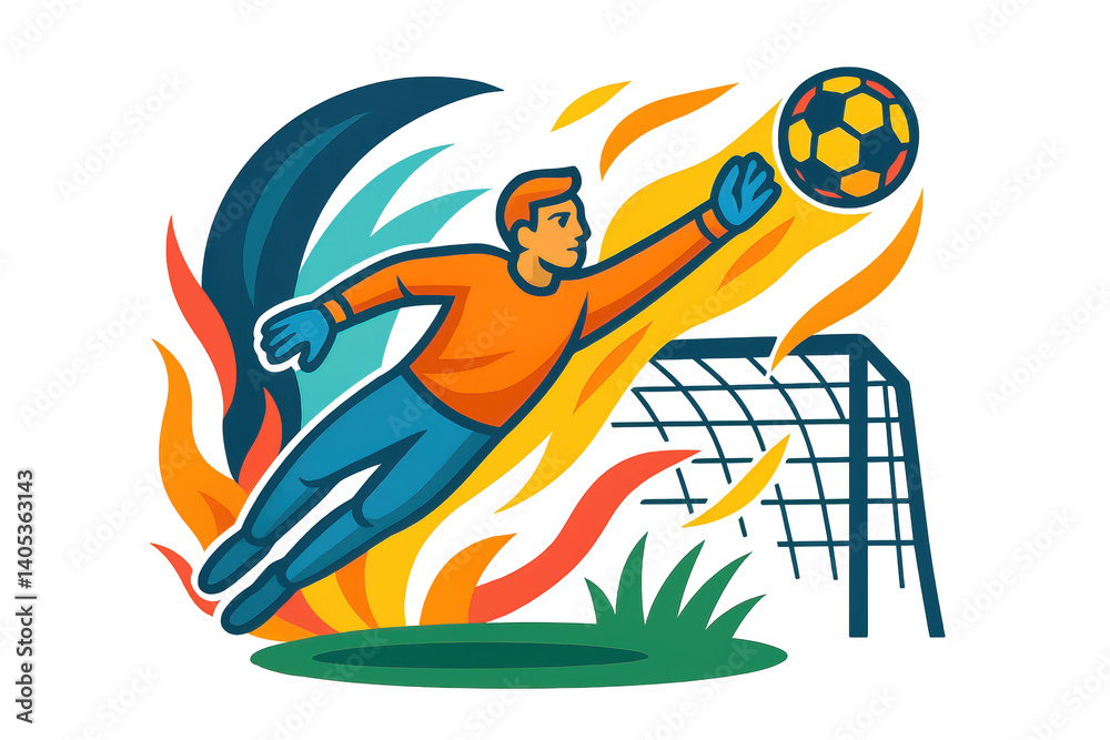 Soccer goalkeeper making a spectacular diving save, surrounded by stylized flames, in front of a transparent background, PNG
