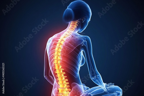 A stylized anatomical illustration of a woman experiencing back pain, with the affected area highlighted in glowing red.  The image emphasizes the complexity and sensitivity of the human spine.
