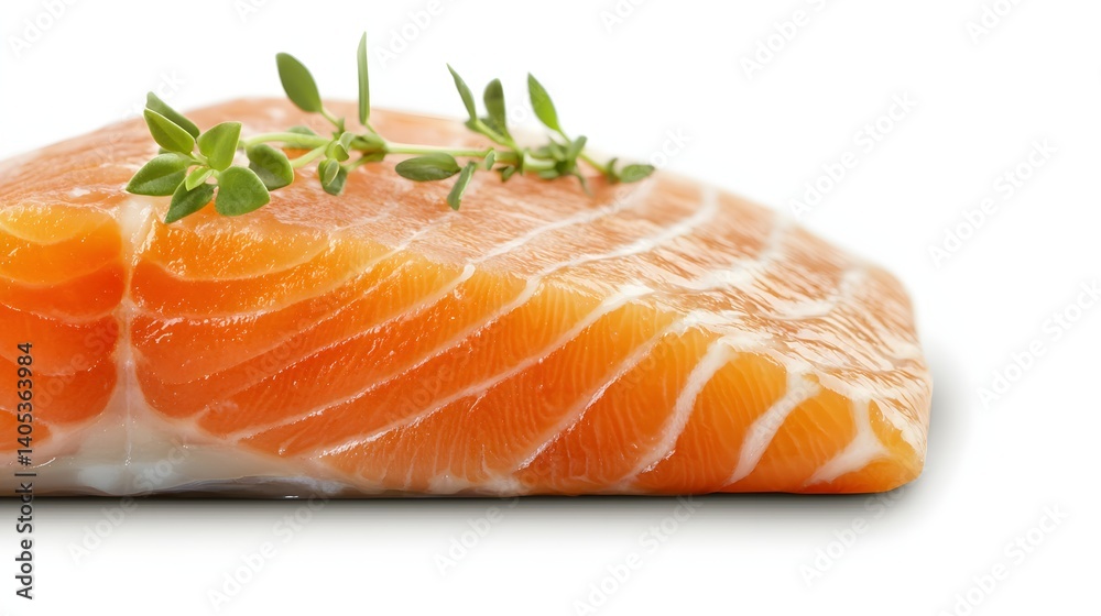 Fresh Raw Salmon Steak Garnished with Green Thyme Leaves Ready for Culinary Preparation Fresh Raw Salmon Steak Garnished with Green Thyme Leaves Ready for Culinary Preparation