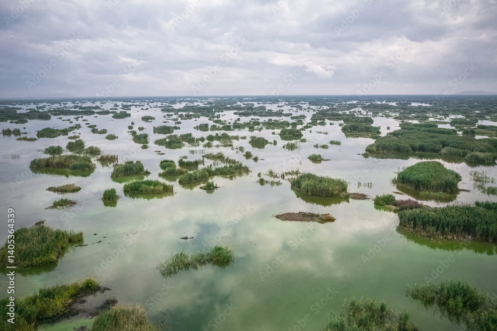 Eber Lake and its reeds. Unique reed landscapes in Afyonkarahisar province of Turkey. Aerial view of the lake with a drone.