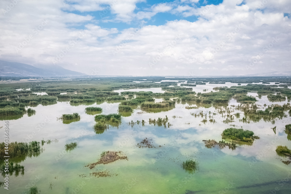 Eber Lake and its reeds. Aerial view of Eber Lake in Afyonkarahisar province of Turkey with a drone.