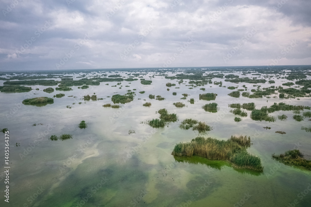 Eber Lake and its reeds. Aerial view of Eber Lake in Afyonkarahisar province of Turkey with a drone.