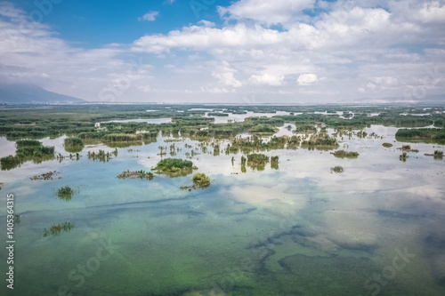 Obraz na płótnie Eber Lake and its reeds. Unique reed landscapes in Afyonkarahisar province of Turkey. Aerial view of the lake with a drone. w salonie