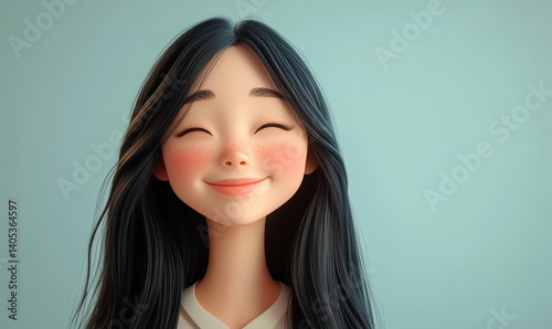 a serene and happy young woman with long black hair and closed eyes, smiling gently