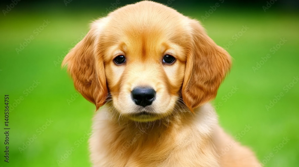 Obraz premium Golden retriever puppy with soft fur, gentle gaze, warm light. Pure joy and innocence in a tender moment.