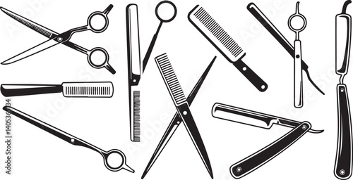 Barber tools vector illustration vintage barber scissors, razors, combs, straight edge blades