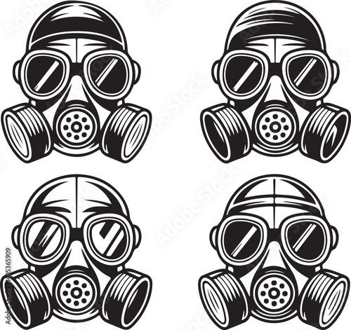 Gas mask vector illustration vintage style black respirator icons with goggles and filters, protective safety equipment