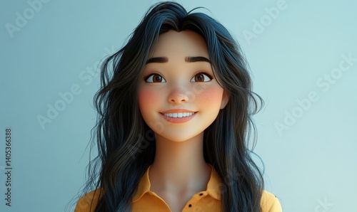 a portrait of a smiling young woman with black wavy hair, soft features, and a warm expression, radiating happiness and positivity