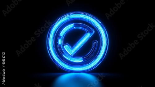 a neon-lit checkmark symbol in a circle, shining brightly against a dark backdrop, symbolizing confirmation and acceptance.