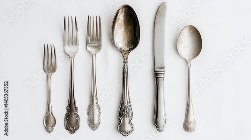 Antique silver cutlery set on white background.