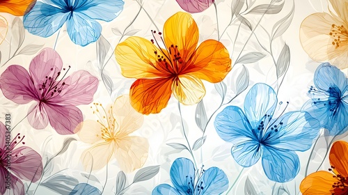 Wallpaper Mural Bright and Colorful Floral Pattern with Orange, Blue, and Purple Flowers on a Light Background Torontodigital.ca