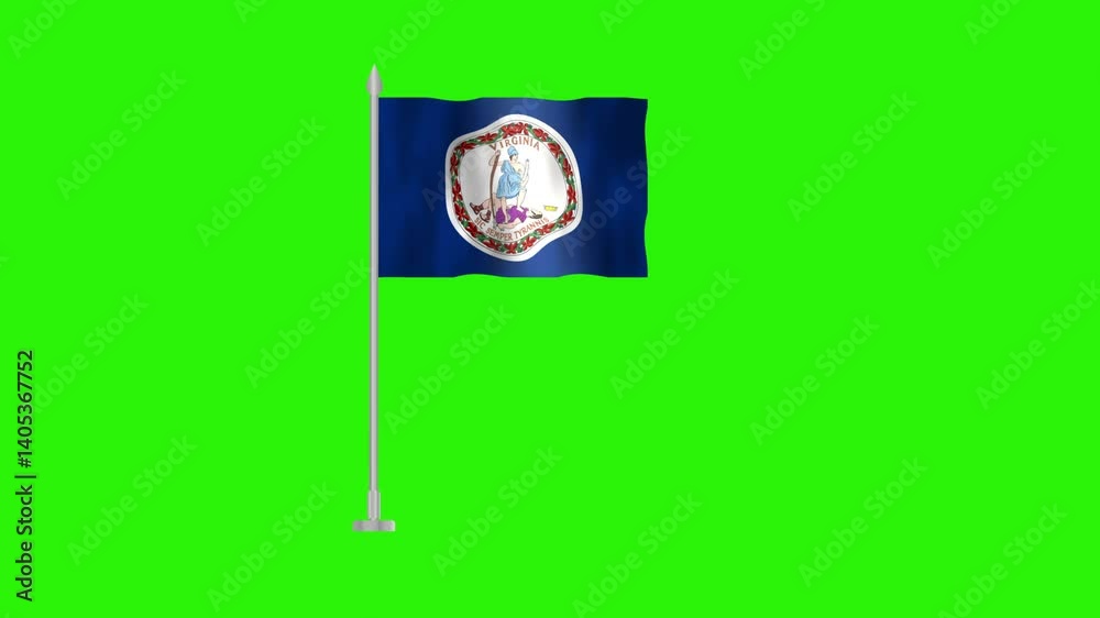 Flag of Virginia, Pole flag of Virginia on Green screen chroma key, USA States Virginia 3D Animation flag waving in the wind isolated on Green Background. 
