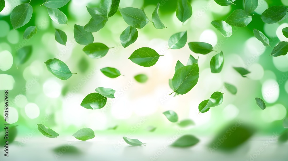 Falling Green Leaves Against a Bright Blurred Background in a Natural Outdoor Setting Falling Green Leaves Against a Bright Blurred Background in a Natural Outdoor Setting