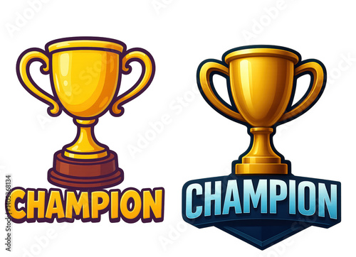 Two shiny golden trophy on wooden pedestal with champion banner, celebrating victory on transparent background. PNG