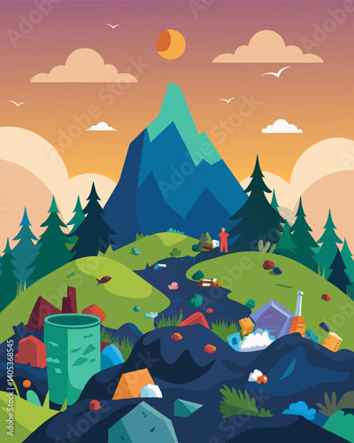 In place of vibrant and diverse natural habitats there are now massive landfills filled with mountains of trash and waste encroaching on the surrounding ecosystems.. Vector illustration