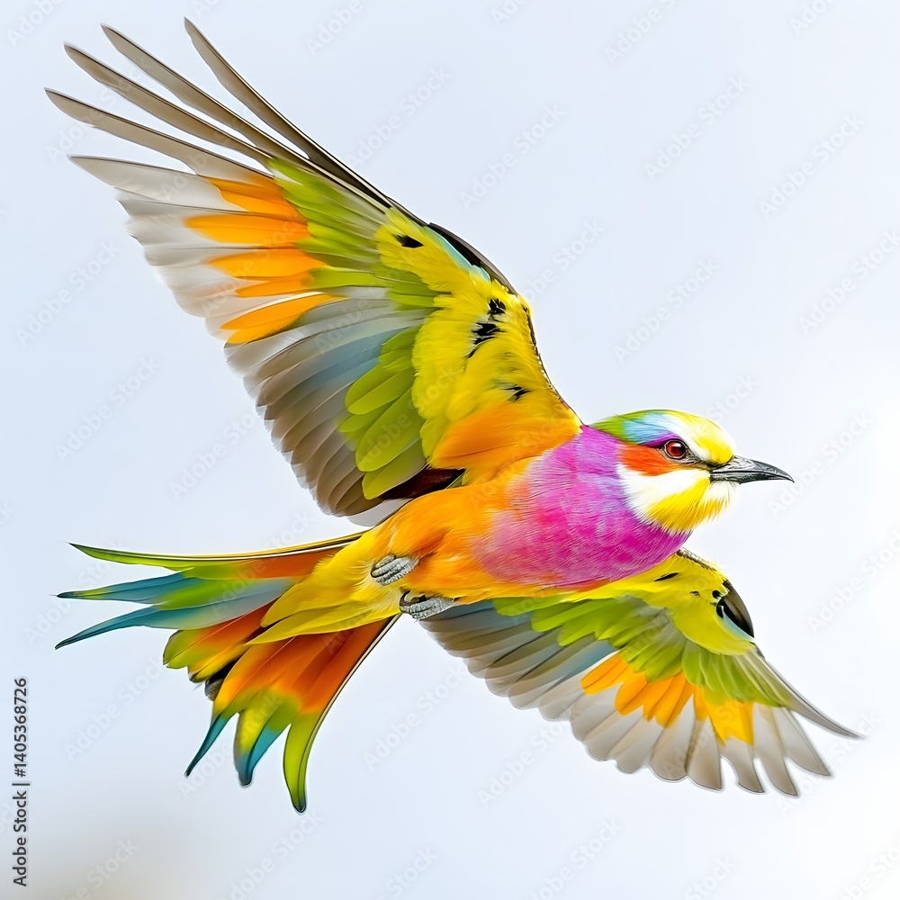 Fototapeta premium Colorful Bird in Flight with Vibrant Feathers Against a Soft Sky Background