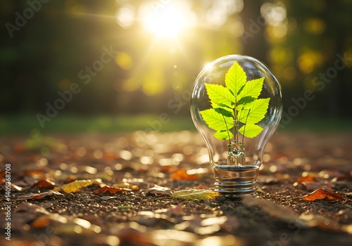 Clear lightbulb with green leaves inside on forest floor – photorealistic nature and technology fusion with sun flare