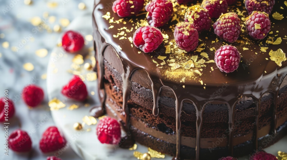 Chocolate Ganache Cake with Raspberries and Edible Gold Accents