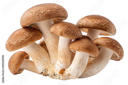Cluster of brown mushrooms isolated on a transparent background. The mushrooms have slightly frosted caps and natural textures, ideal for food, culinary, or nature-related design projects. The detaile