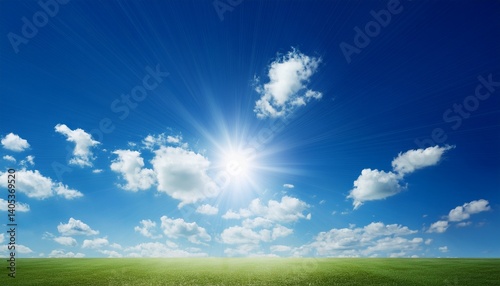 Blue sky with bright sun and clouds