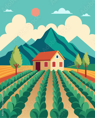 A picturesque scene of a quaint farmhouse surrounded by rows of organic crops showcasing the harmony between humans and nature in organic farming.. Vector illustration