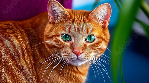 Closeup Portrait of a Curious Orange Cat with Striking Green Eyes and Distinctive Whiskers