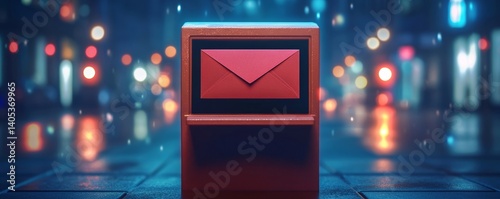 Red digital mailbox with email icon in a futuristic city night scene