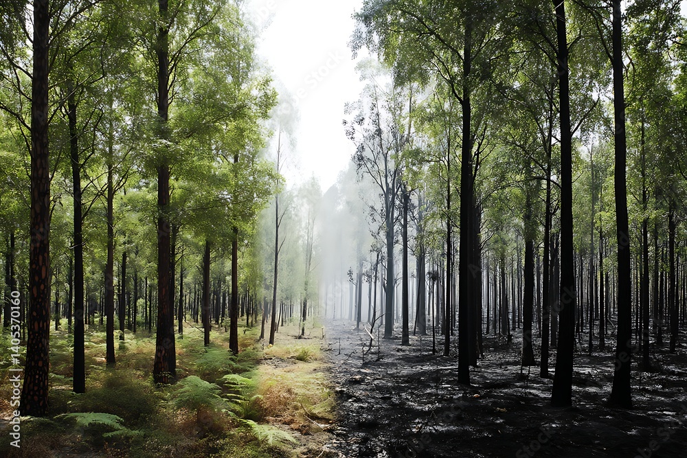 Obraz premium Split forest image, one half green and full of life, the other half burned and dry