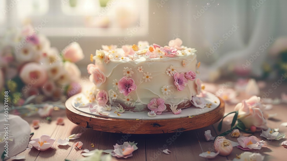 Elegant Floral Cake Decorated with Pink Flowers and Buttercream Frosting