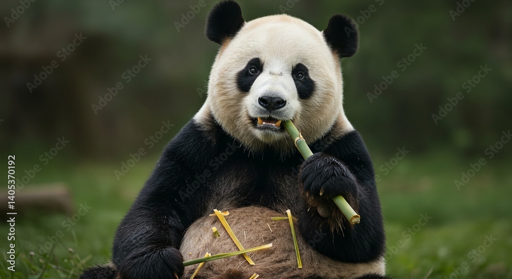Fototapeta premium A cute giant panda sitting and eating bamboo, realistic fur detail, soft natural lighting, high resolution