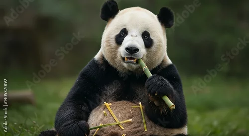 Fototapeta na wymiar A cute giant panda sitting and eating bamboo, realistic fur detail, soft natural lighting, high resolution