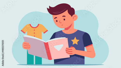 A teenage boy flipping through a popular mens fashion magazine feeling selfconscious about his own body shape.. Vector illustration