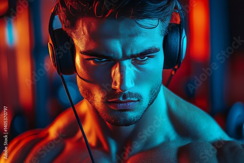 Focused athlete wearing headphones, a striking image of strength and determination, lit with dramatic colors