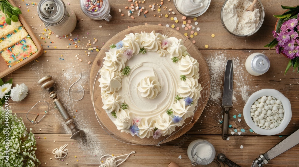 Decorative Vanilla Cake with Buttercream Frosting and Pastel Toppings