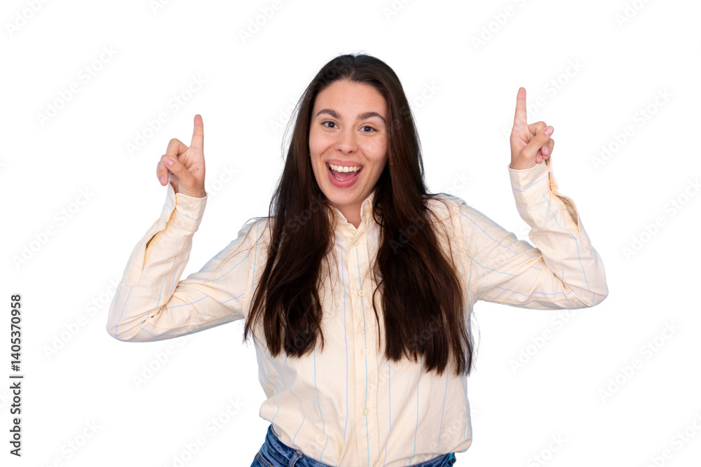 Young woman with long brown hair wearing a beige shirt is pointing up with both index fingers and smiling excitedly on a transparent background Young woman with long brown hair wearing a beige shirt is pointing up with both index fingers and smiling excitedly on a transparent background