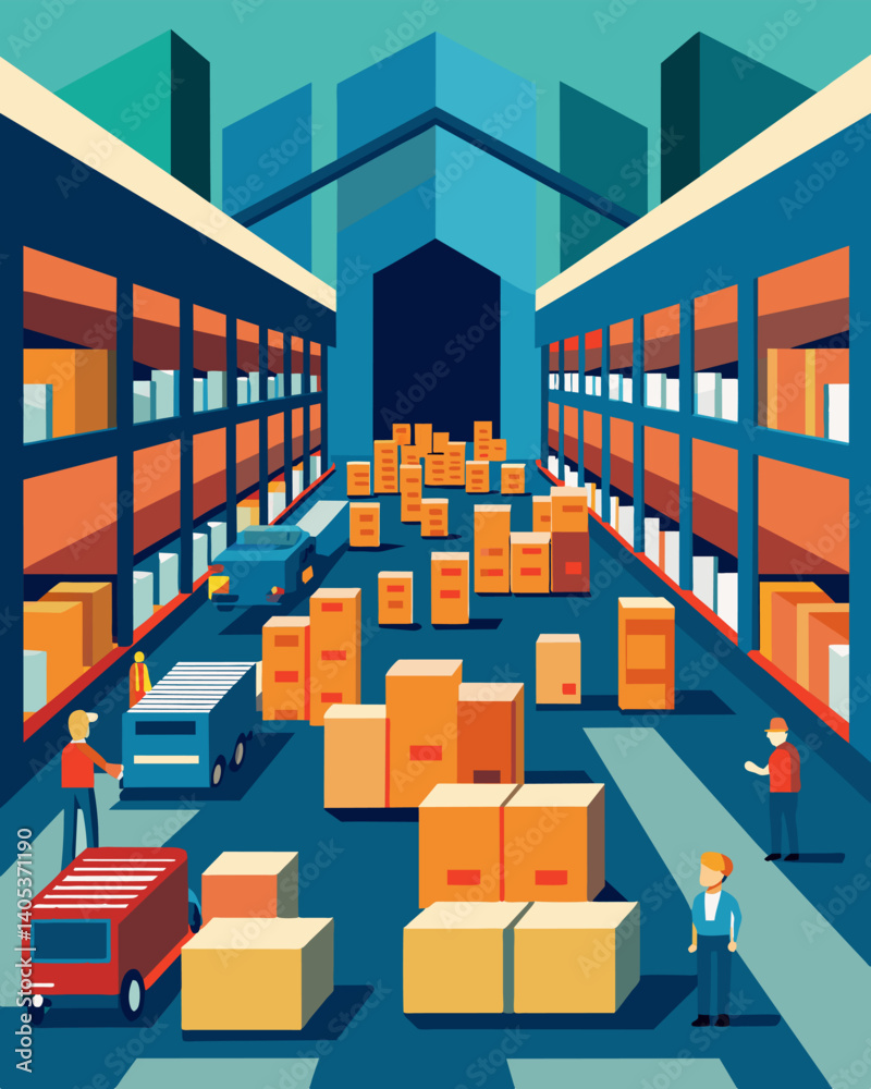 A once bustling manufacturing warehouse now filled with excess inventory due to overproduction.. Vector illustration