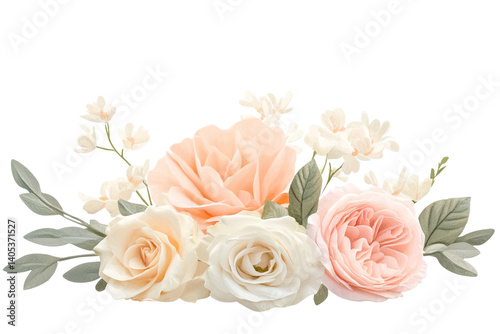A delicate floral arrangement with roses and light colored leaves on a transparent backdrop, showcasing soft pastel hues