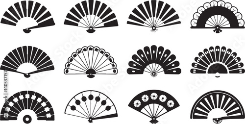 Traditional decorative folding hand fans vector set  elegant Asian, Japanese, and Chinese fan icons in classic silhouette style for design use