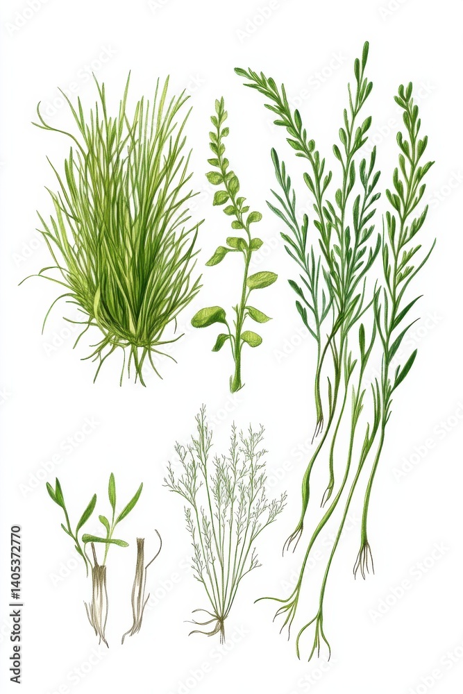 Obraz premium Detailed illustration showcasing parts of Nephrolepis exaltata Boston plant alongside each other