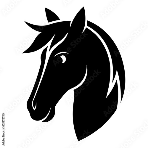 Black shape of Horse head, simple and clean icon, no text
