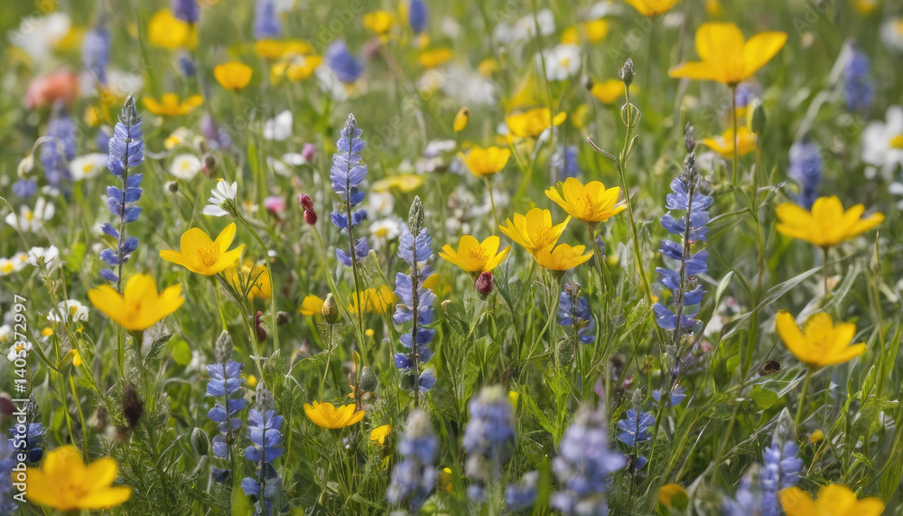 Fototapeta premium Vibrant wildflowers bloom in lush meadow, creating colorful and serene landscape