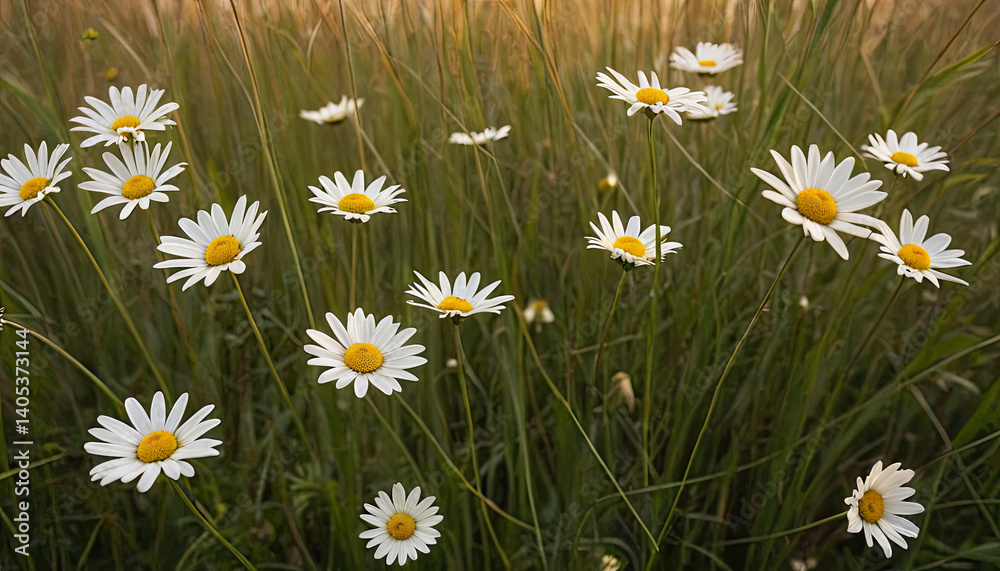Fototapeta premium White daisies bloom in lush green field, creating serene and cheerful atmosphere
