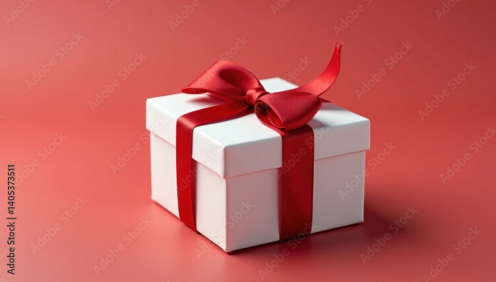 Simple white gift box adorned with a classic red bow , smooth, seasonal, gift giving Simple white gift box adorned with a classic red bow , smooth, seasonal, gift giving