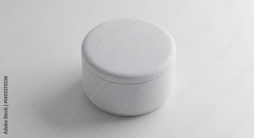 A simple white round container with a lid on a plain white background in soft studio lighting A simple white round container with a lid on a plain white background in soft studio lighting
