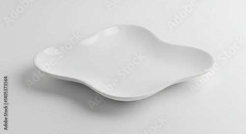 A white decorative plate with curved edges on a white background casting a soft shadow beneath it