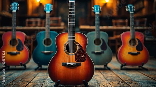 Acoustic guitars on stands in rustic store