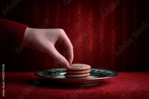 A hand taking the last cookie from a shared plate while smirking