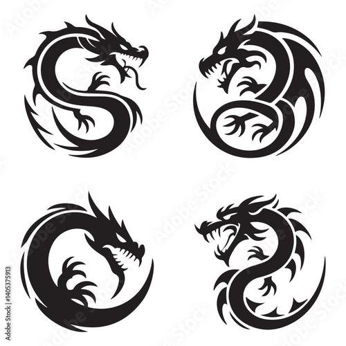 Vector Black silhouettes. illustration, set of round tribal dragon tattoo designs, with white background
