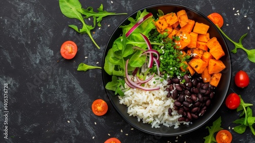 Top view of vegan burrito bowl with rice, sweet potatoes, and black beans